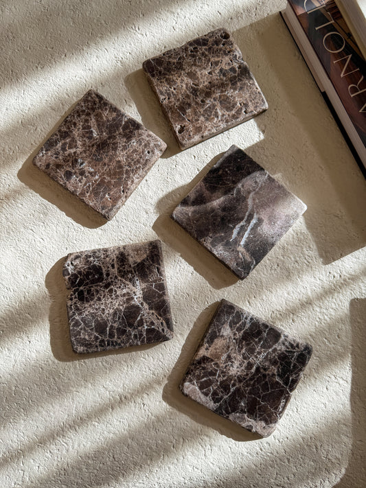 Leathered Spanish Emperador Marble Coasters | 5-Piece |