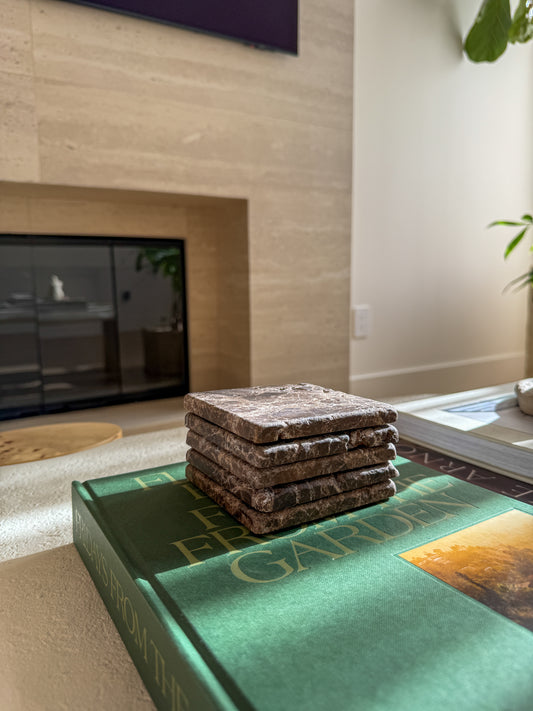 Leathered Spanish Emperador Marble Coasters | 5-Piece |