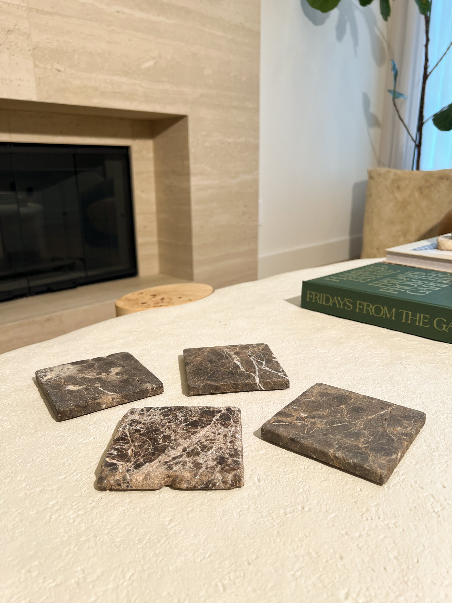 Leathered Spanish Emperador Marble Coasters 001 | 4-Piece |