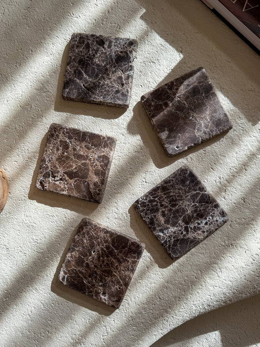 Leathered Spanish Emperador Marble Coasters | 5-Piece |